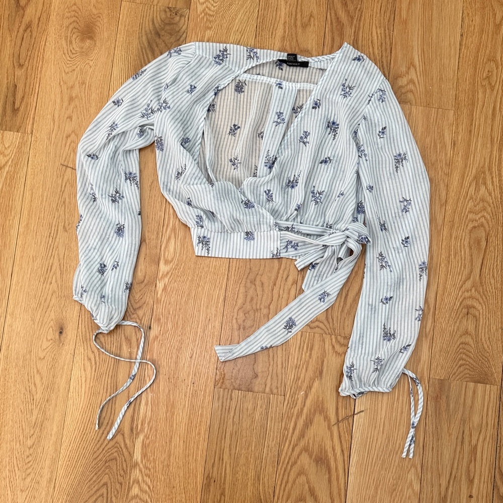 Forever 21 Light Blue Striped Floral Wrap Blouse